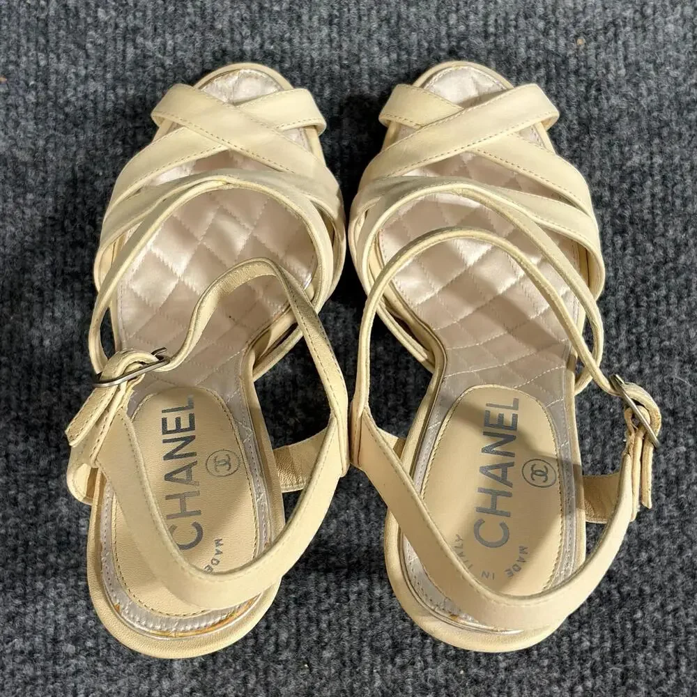 Chanel Strappy Sandals Womens 6 Beige Quilted Leather CC Logo Heels Italy
